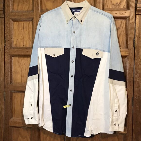 Alamosa Western Button Down Shirt Mens L Multicolor Horse 90s Colorblock Cowboy - Picture 2 of 10